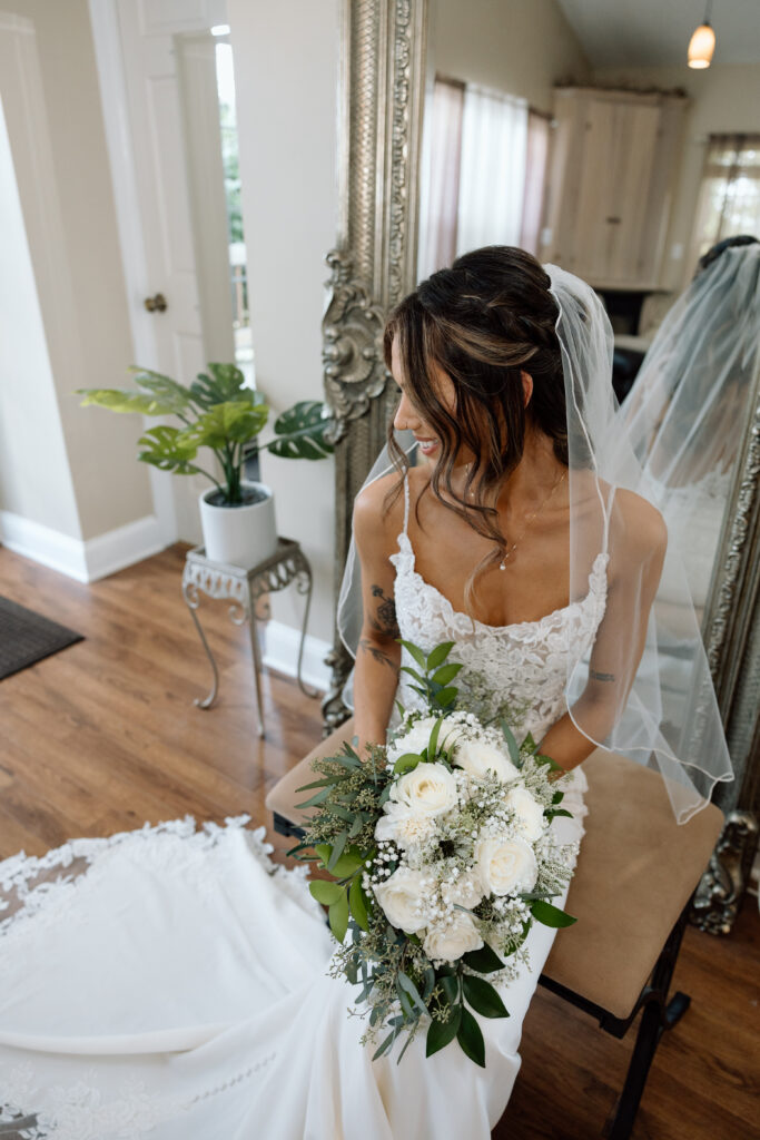 Bride smiles before Pennsylvania wedding ceremony