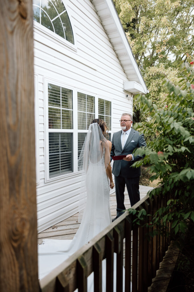 Bride sees father before wedding ceremony