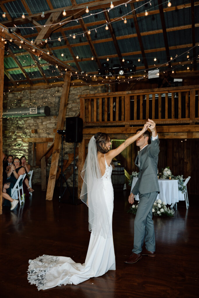 Bride and groom dance at wedding reception in Pennsylvania