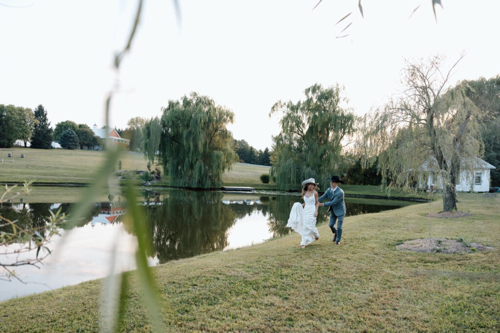 Bride and groom dance and play outside Pennsylvania wedding venue