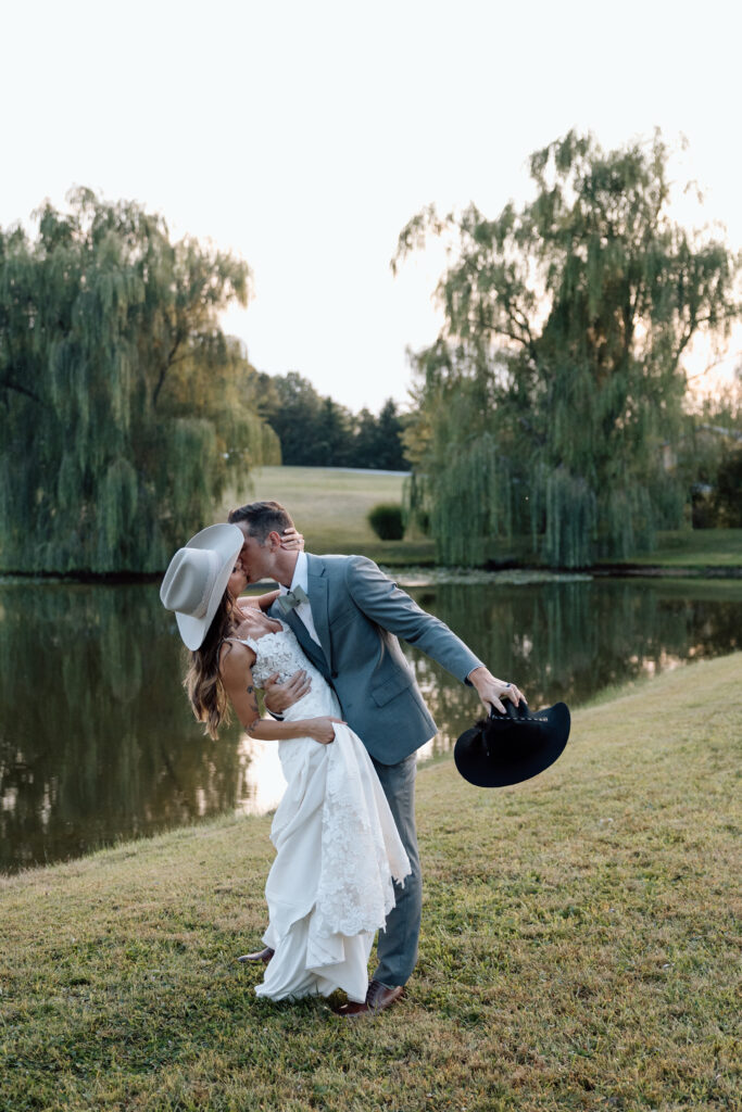 Bride and groom kiss after intimate wedding ceremony