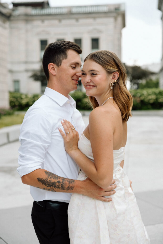 Pennsylvania couple smile and laugh luxury engagement photos