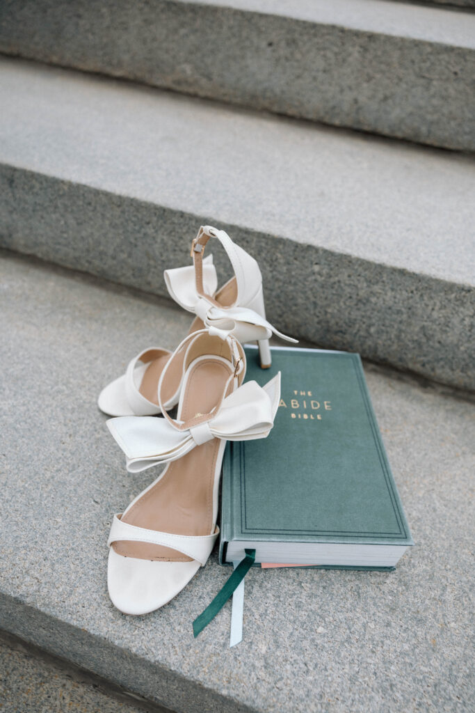 Bride's shoes and bible on the steps of the Pennsylvania Capitol luxury engagement photos