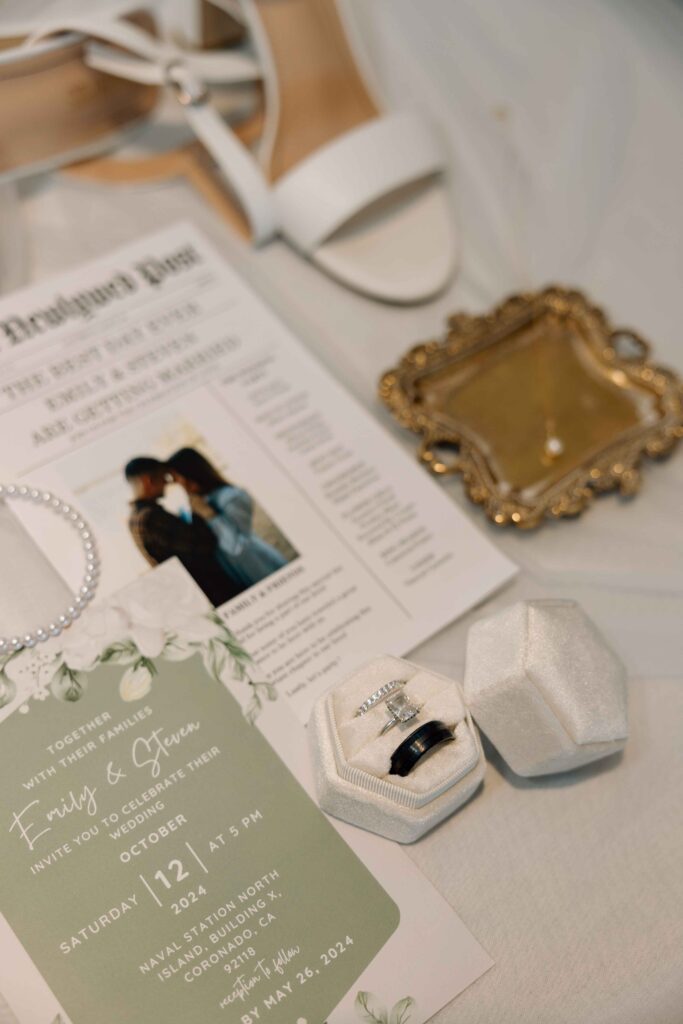 Detail shot of wedding stationary, heels, and rings.