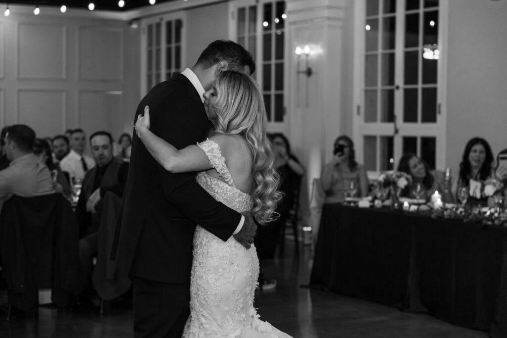 Bride and groom sharing their first dance at their reception at King Mansion.