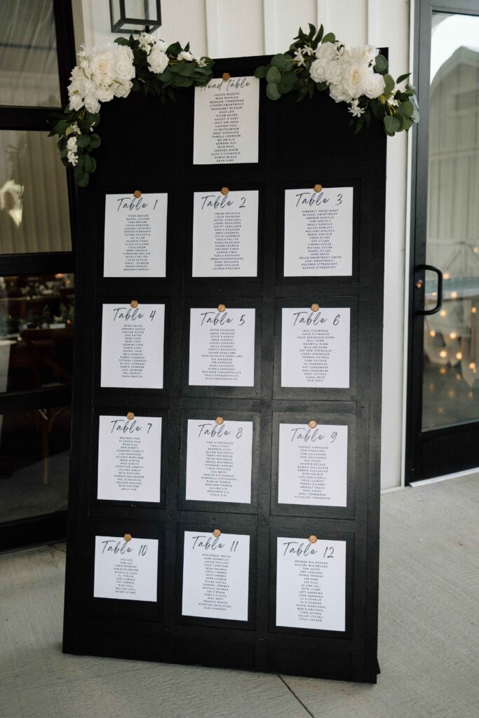 Black and white wedding seating chart.