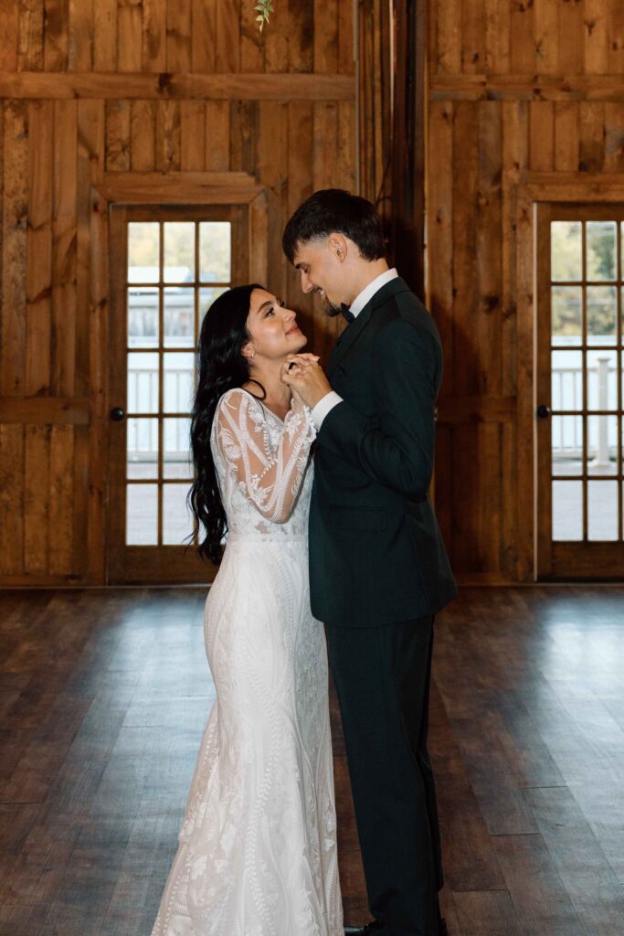 Bride and groom enjoying a first dance after their courthouse wedding ceremony.
