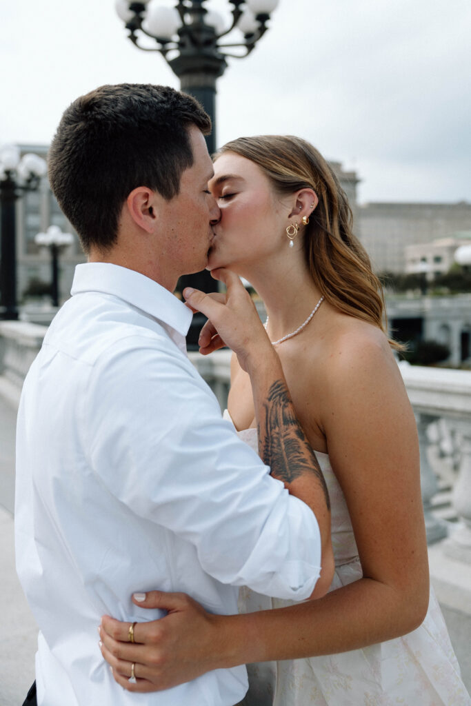 A couple kissing romantically. 
