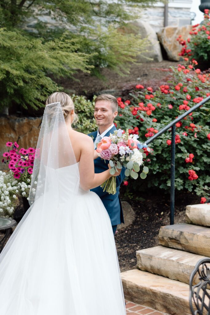 Groom seeing his bride for the first time. 