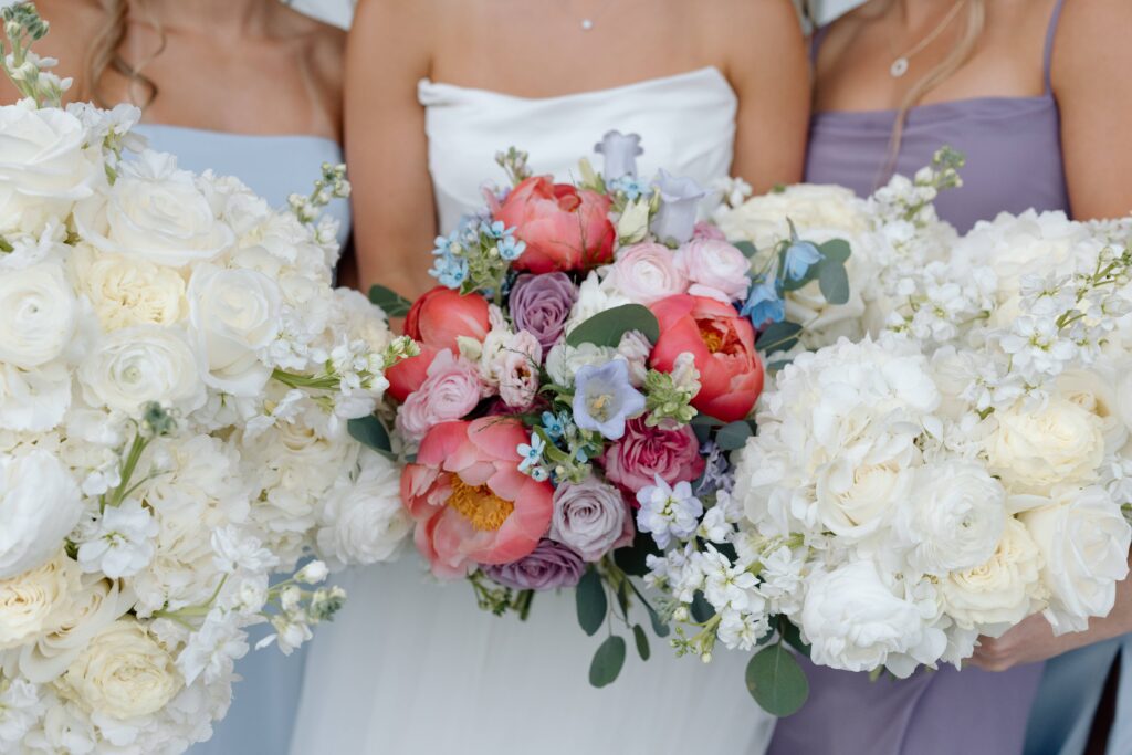 Close up of bridal party's bouquets. 