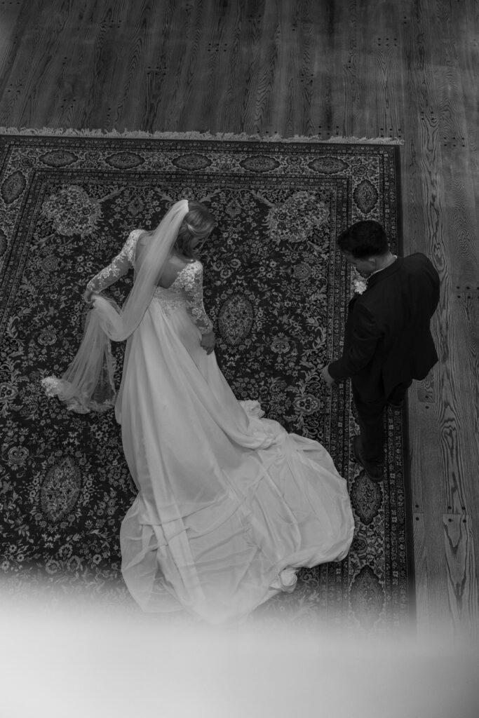 Bride and groom captured from above. 