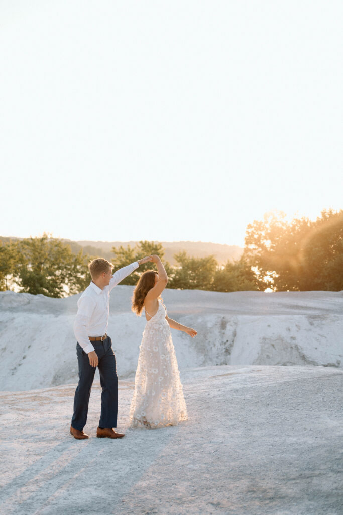 Engaged couple dancing on the White Cliffs of Conoy.