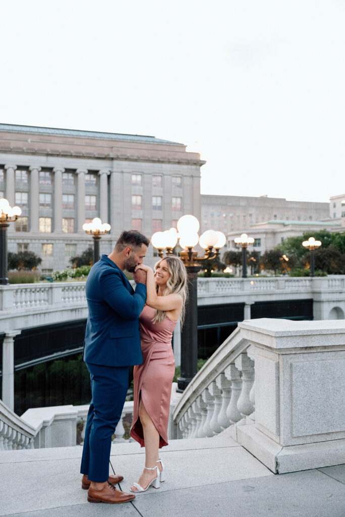 A couple showing what to wear for engagement pictures for luxury engagement photos.